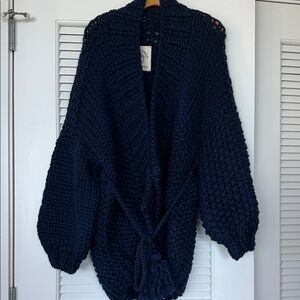 Loopy Mango Navy Chunky Knit Heavyweight 100% Merino Wool Cardigan, Size S/M!